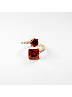 Gold Plated Red Statement Ring, Simulated Ruby & CZ Bypass Ring, Open Wrap
